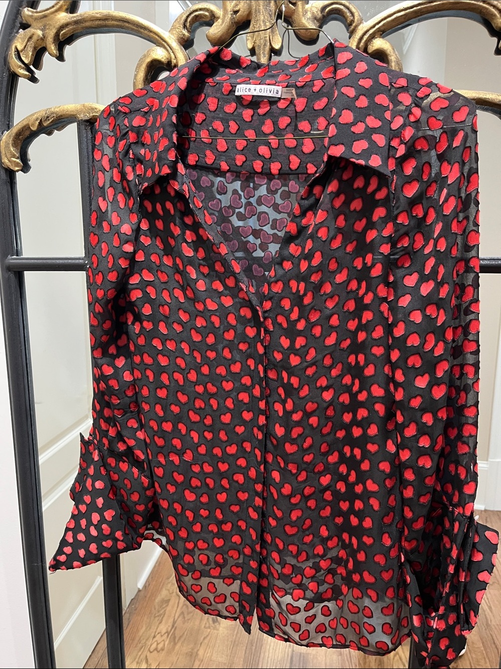 Alice + Olivia Black Sheer Button-Down Shirt with Red Heart Print